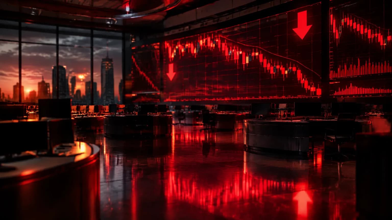 Illustration: empty trading floor at dusk, a wall of screens showing red falling stock charts
