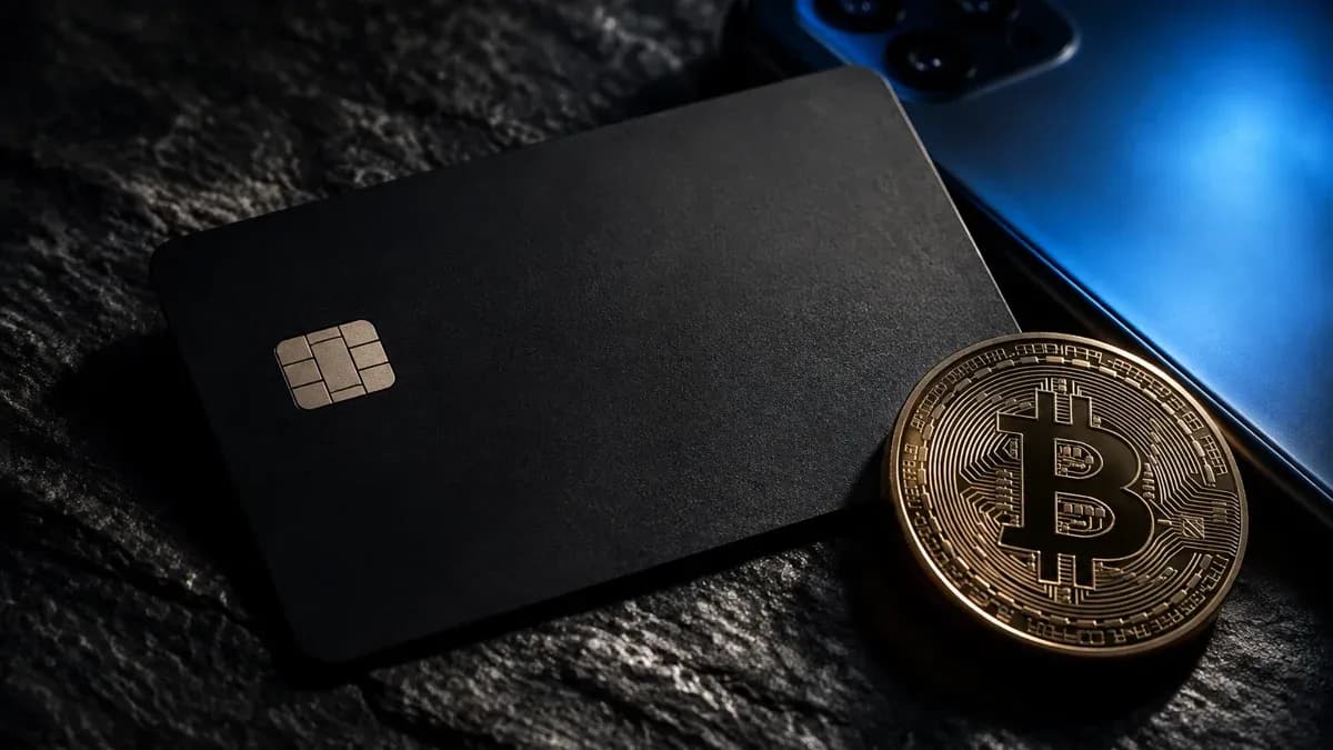 Matte black card in credit card format on dark slate next to a glowing smartphone and a coin bearing the Bitcoin symbol