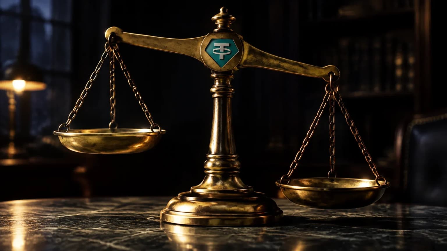 Messingwaage mit dem Tether-Zeichen im Waagebalken, die rechte Schale hängt tiefer