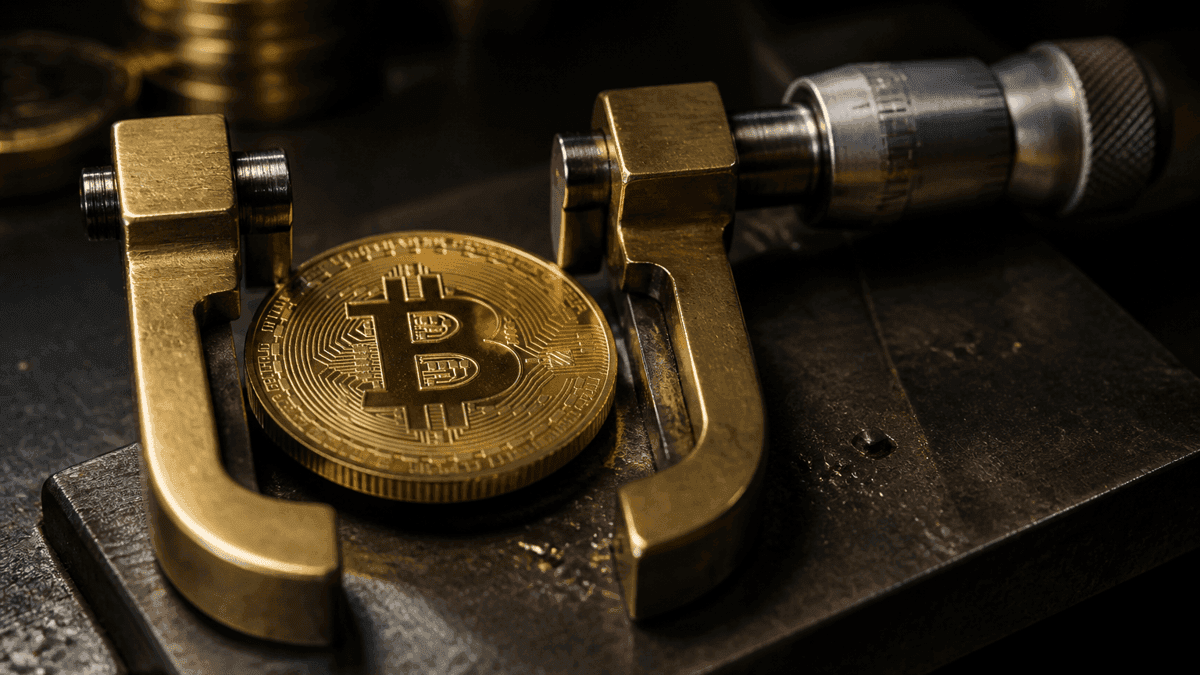 Goldene Münze mit eingeprägtem Bitcoin-Zeichen, eingespannt zwischen den Messbacken einer Bügelmessschraube aus Messing auf einer Stahlwerkbank