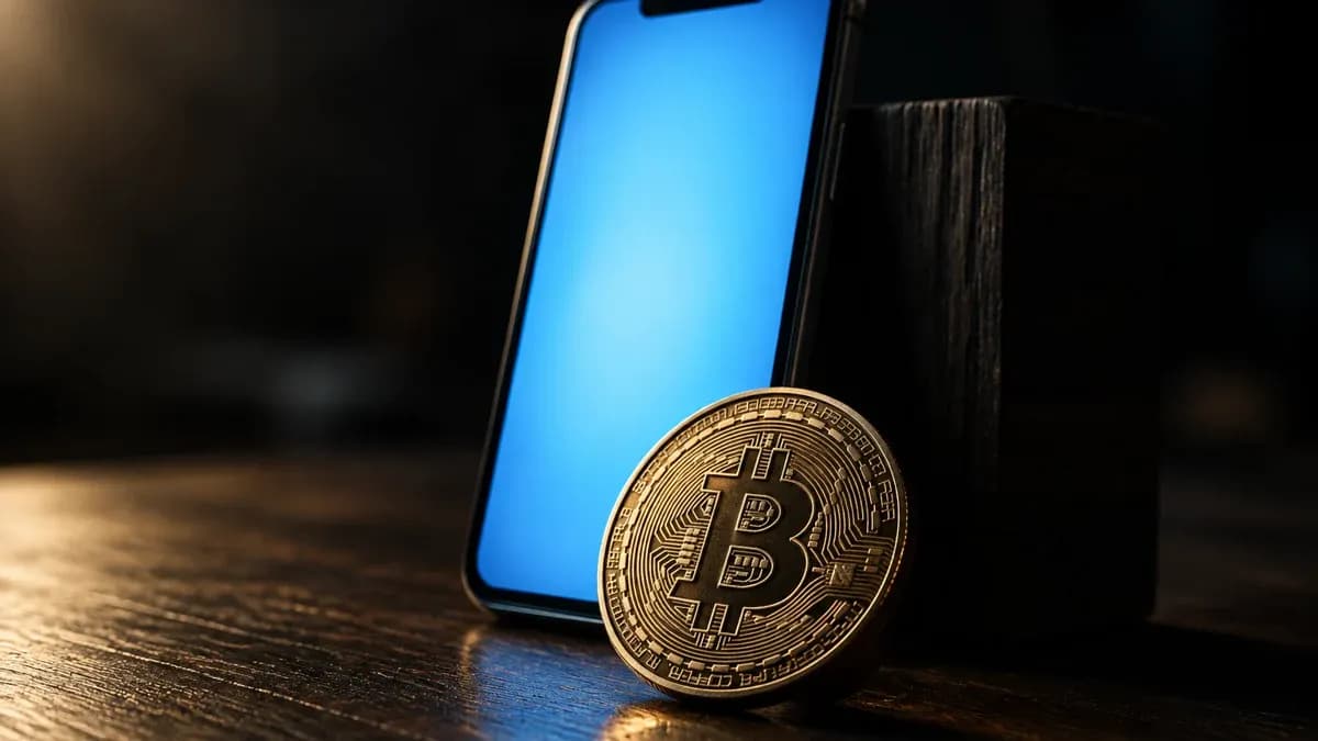 Aufrecht gelehntes Smartphone mit blau leuchtendem, leerem Bildschirm auf einer Schreibtischplatte, davor eine Münze mit eingeprägtem Bitcoin-Zeichen