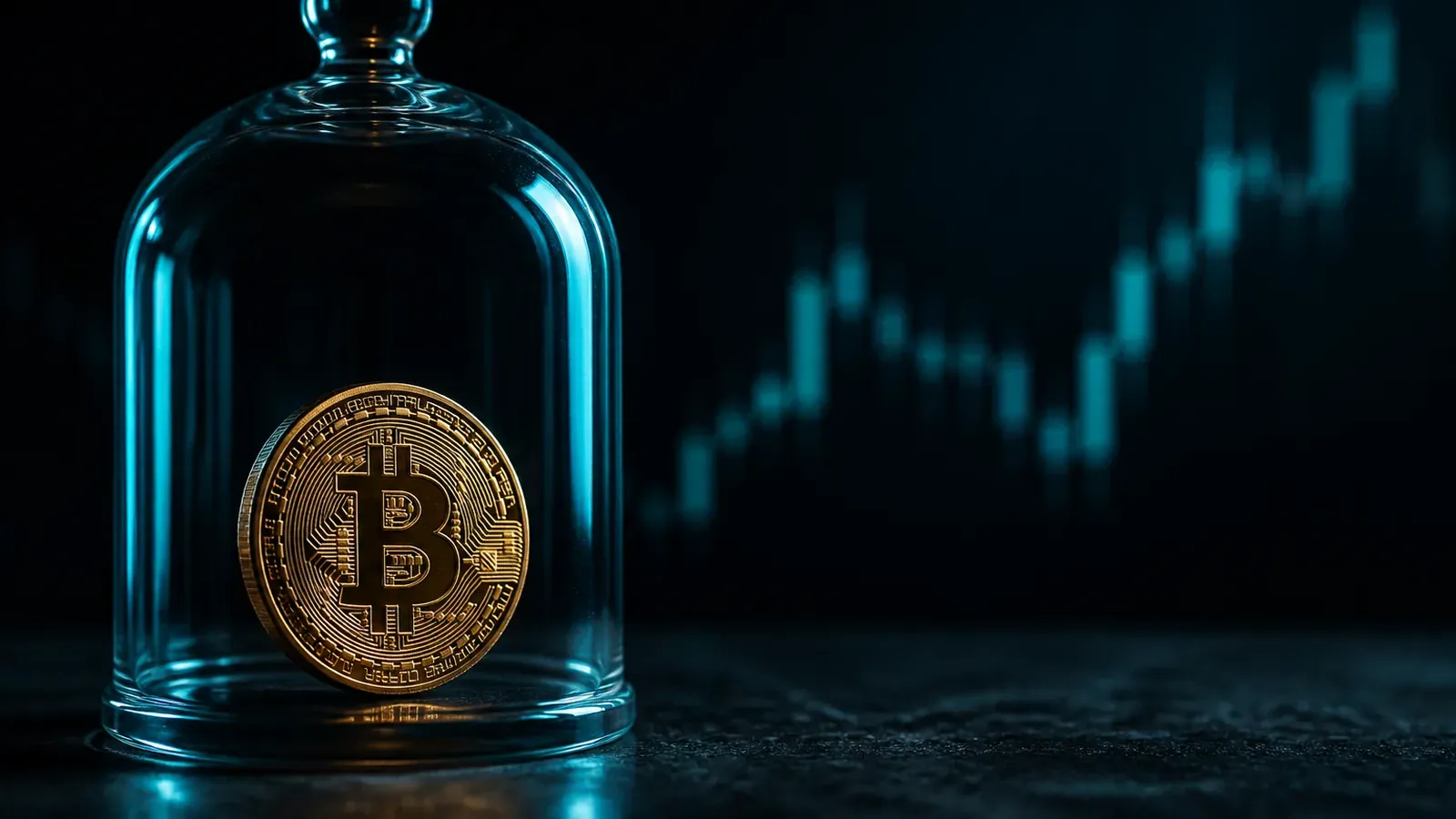 Bitcoin-Münze unter einer Glasglocke vor einem unscharfen Kurschart, Sinnbild für ein Trading-Demokonto als geschützter Übungsraum