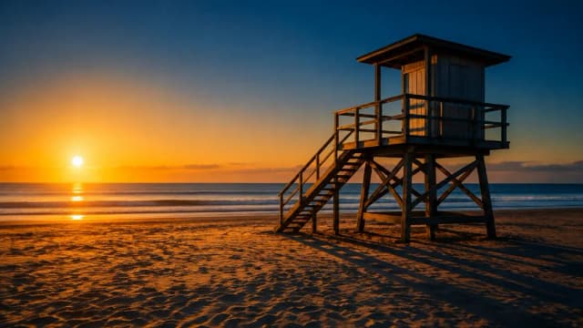 Leerer Strand bei Sonnenaufgang mit einem hölzernen Rettungsschwimmerturm