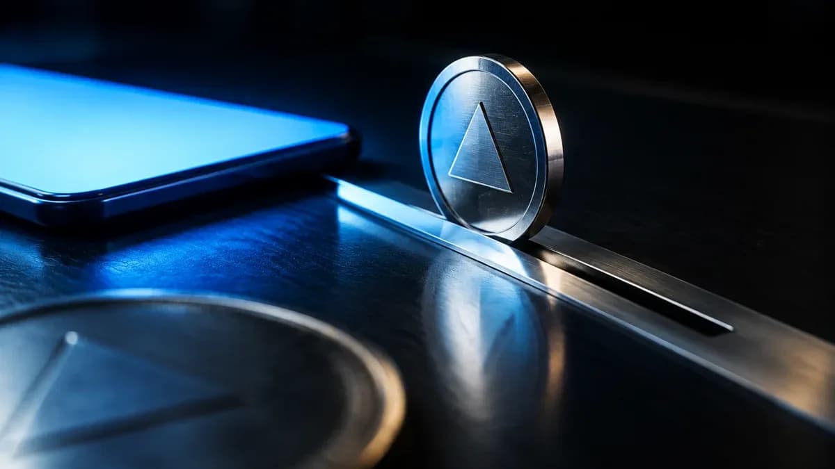 Metallmünze mit eingeprägtem Dreieckssymbol rollt über eine Stahlschiene auf einen Einwurfschlitz zu, daneben leuchtet ein Smartphone-Display blau