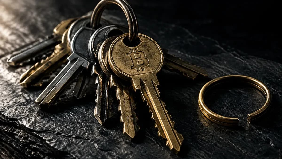 Schwerer Schlüsselbund aus Messing- und Stahlschlüsseln auf dunkler Schieferplatte, ein Schlüssel trägt ein eingraviertes Bitcoin-Zeichen, daneben ein offener leerer Schlüsselring