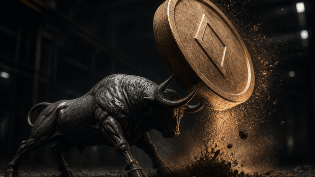 Metallener Stier stemmt eine große Münze mit eingeprägtem rautenförmigem Symbol nach oben
