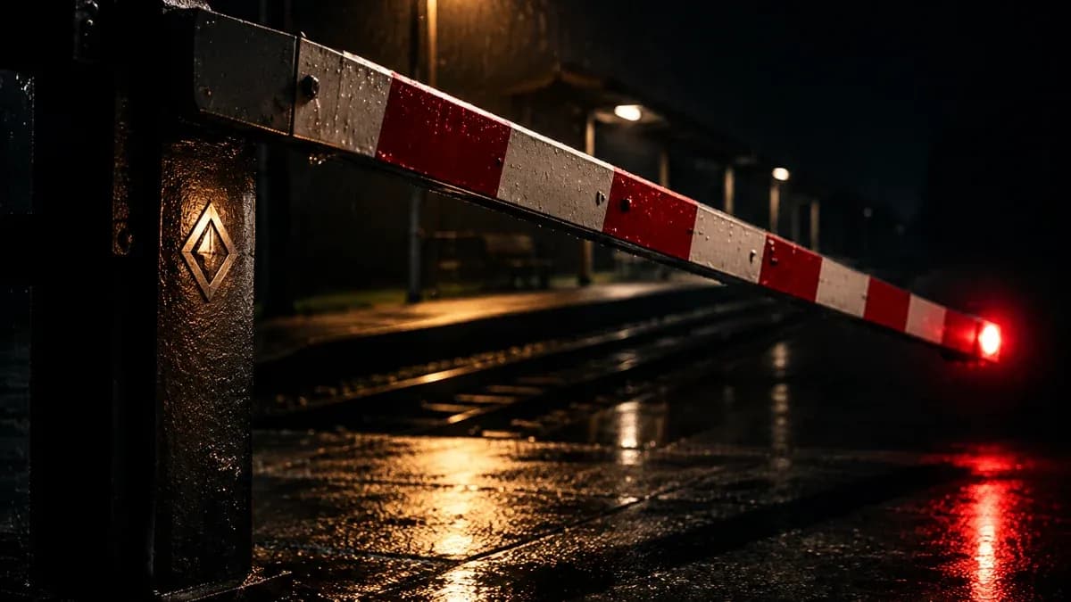 Eine rot-weiß gestreifte Bahnschranke senkt sich bei Nacht über nassen Asphalt, in den Stahlpfosten ist ein rautenförmiges Symbol eingraviert.