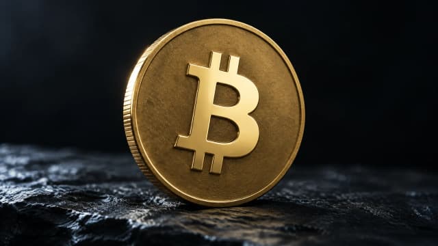 Messingmünze mit dem Bitcoin-Zeichen auf dunklem Schiefer, Symbolbild zur Frage was ist Bitcoin