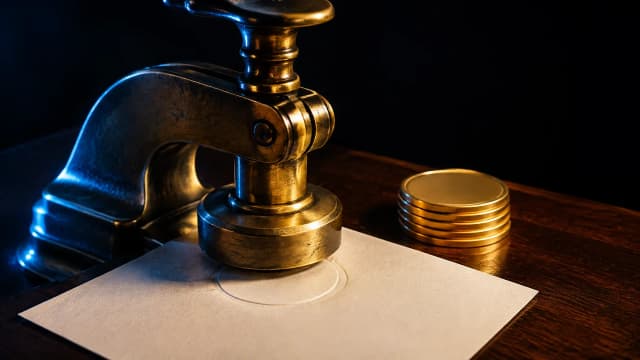 Prägesiegel aus Messing auf leerem Papier neben gestapelten Goldmünzen, Sinnbild für den Emittenten, der Wertpapiere und Token ausgibt