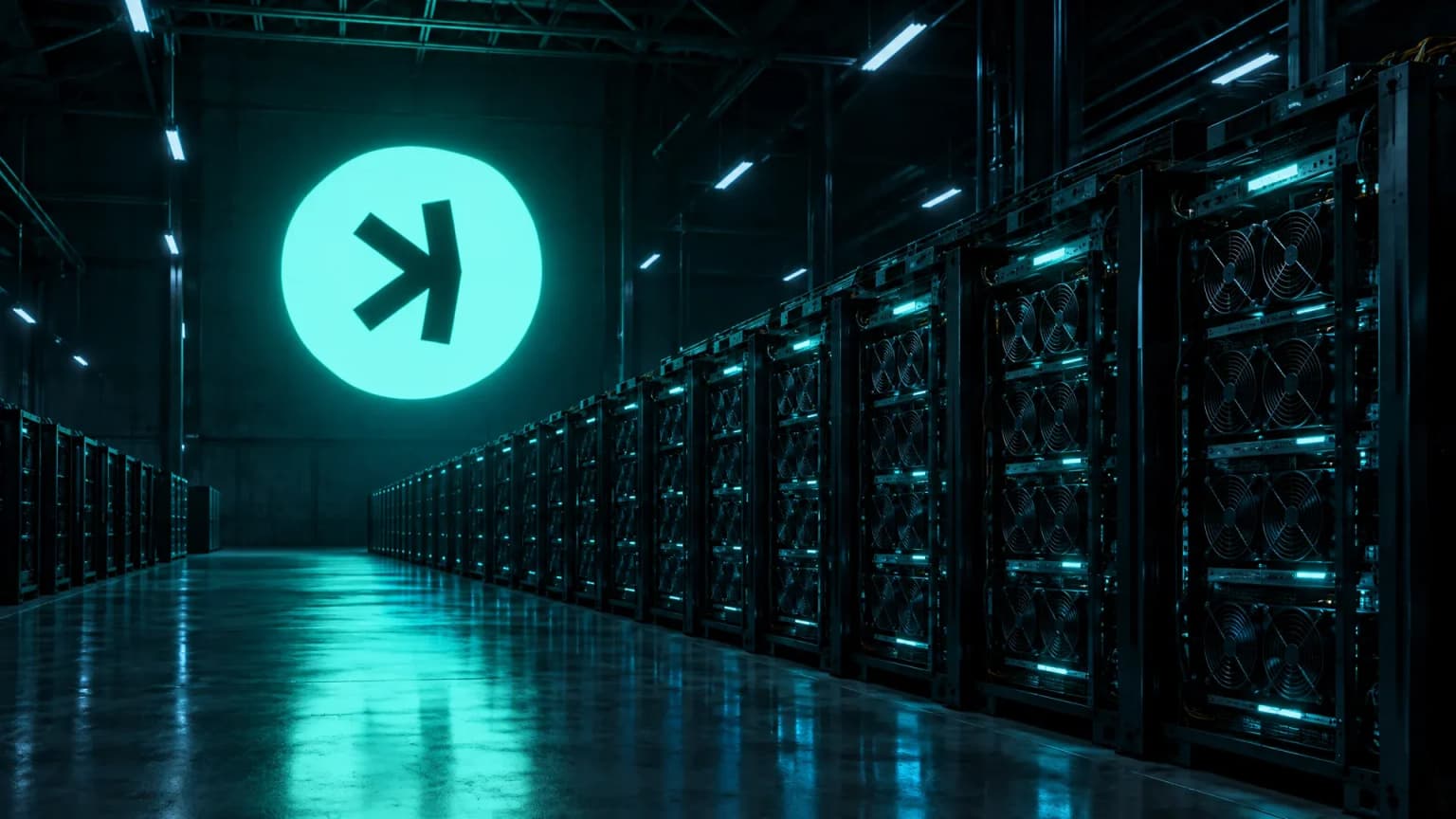 Row of computing cabinets in a dark industrial hall, the Kaspa symbol glowing as a neon sign on the end wall