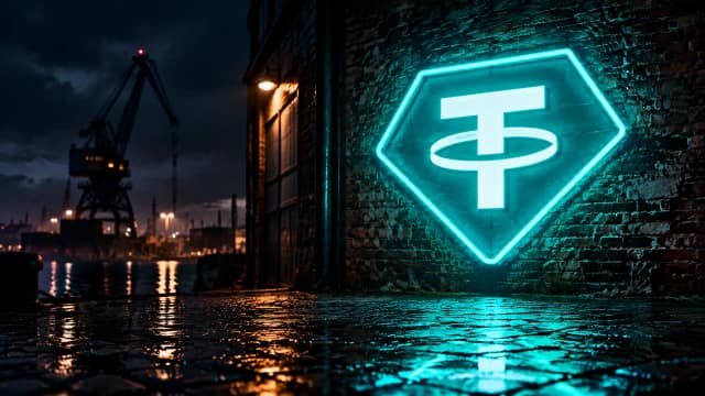 Türkis leuchtendes Neonzeichen mit dem Tether-Zeichen an der Backsteinwand eines nächtlichen Hafenlagers, davor nasses Kopfsteinpflaster