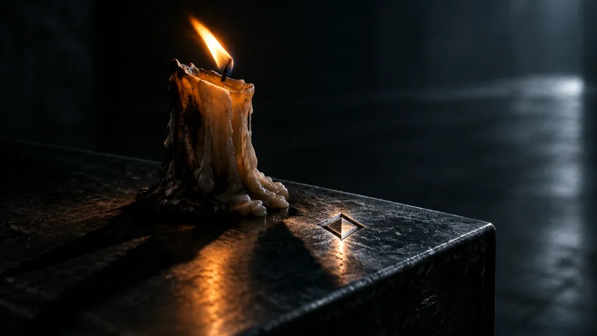 Candle burnt almost to the end on a dark metal console, beside it an engraved diamond-shaped symbol