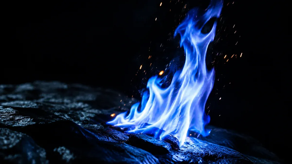 Blue flame burning on dark stone at night