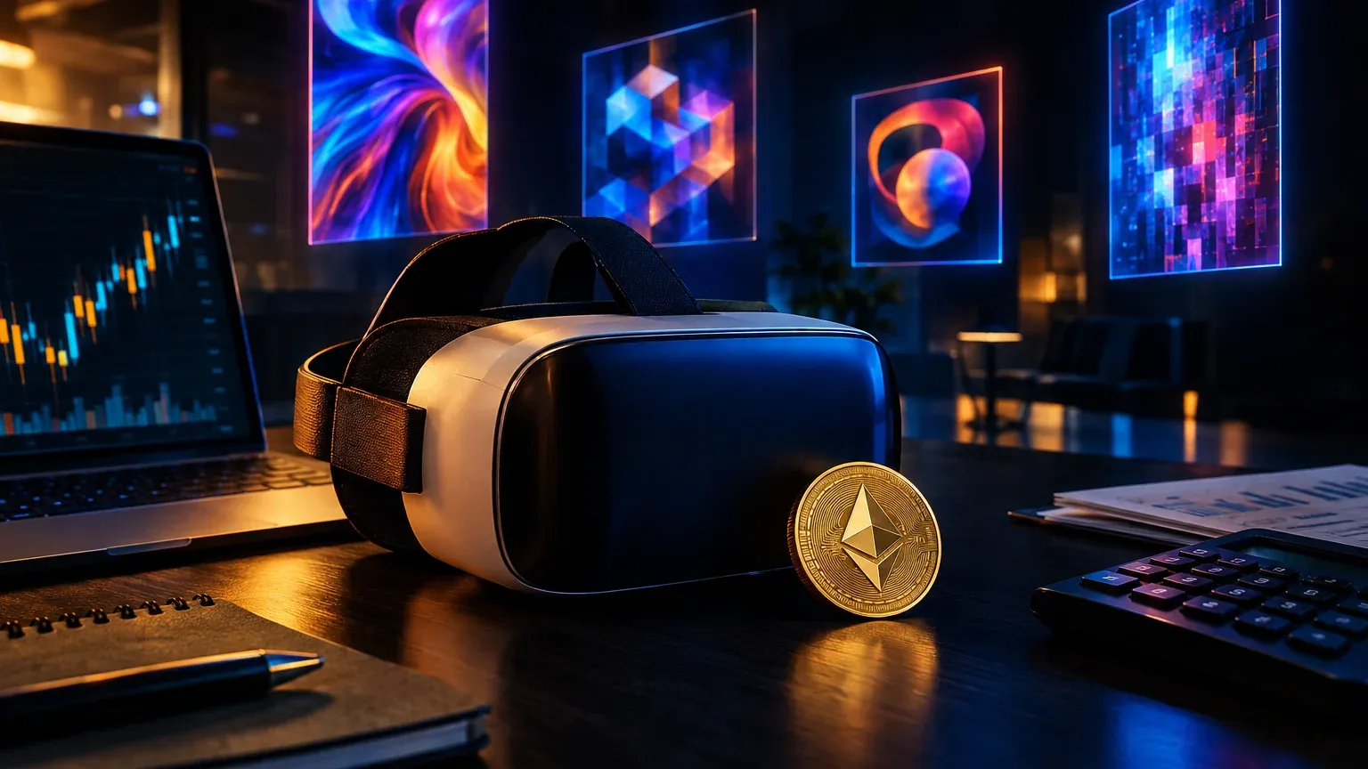 VR headset and gold Ethereum coin in front of floating abstract digital artworks