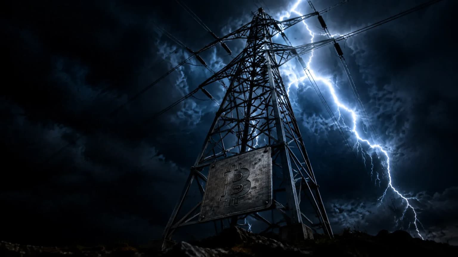 Hochspannungsmast aus Stahlgitter bei Nacht, ein Blitz zuckt dicht hinter den Leitungen entlang, am Mastfuß ein Metallschild mit eingraviertem Bitcoin-Zeichen