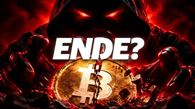 Kapuzenfigur mit rot leuchtenden Augen hinter einer zerbrechenden Bitcoin-Münze, dazu das Wort ENDE?