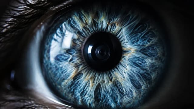 Makroaufnahme einer menschlichen Iris in kühlen Blau- und Grautönen
