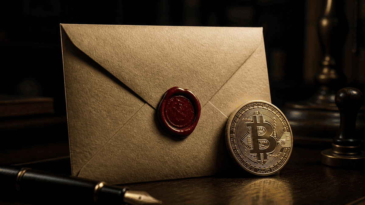 Amtlicher Briefumschlag mit rotem Wachssiegel und Füllfederhalter neben einer physischen Goldmünze mit eingeprägtem Bitcoin-Zeichen auf einem dunklen Schreibtisch