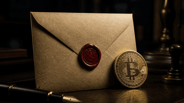 Amtlicher Briefumschlag mit rotem Wachssiegel und Fuellfederhalter neben einer physischen Goldmuenze mit eingepraegtem Bitcoin-Zeichen auf einem dunklen Schreibtisch