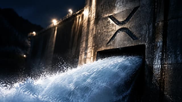 Auslass einer Staumauer bei Nacht, ein breiter Wasserstrahl schiesst in das Becken, im nassen Beton ist das XRP-Zeichen als tiefe Intarsie eingelassen