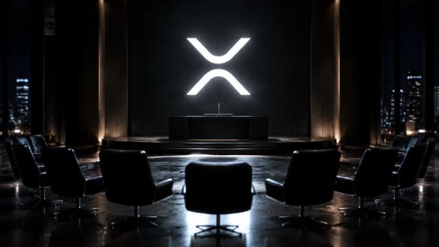 Sitzungssaal mit weiß leuchtendem XRP-Zeichen über dem Podium