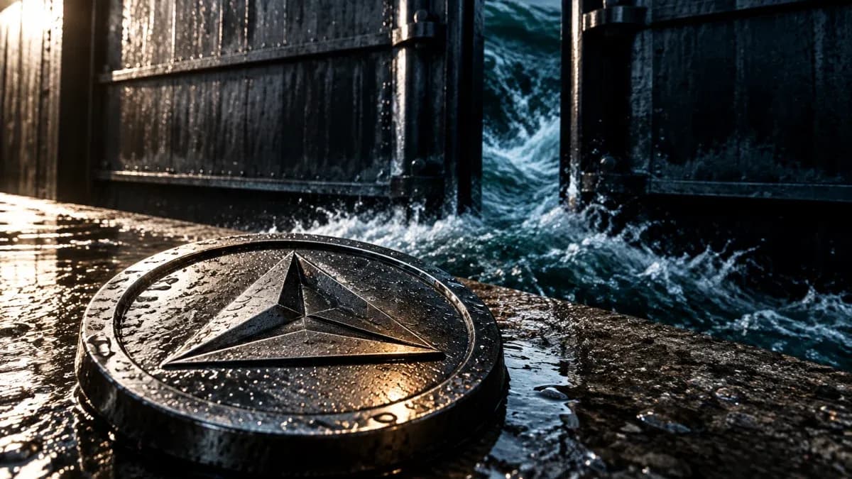 Ein massives Stahltor einer Schleuse öffnet sich einen Spalt, dahinter drängt dunkles Wasser hervor, davor eine schwere Metallmünze mit Dreiecksrelief auf feuchtem Beton