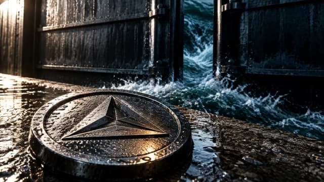 Ein massives Stahltor einer Schleuse oeffnet sich einen Spalt, dahinter draengt dunkles Wasser hervor, davor eine schwere Metallmuenze mit Dreiecksrelief auf feuchtem Beton