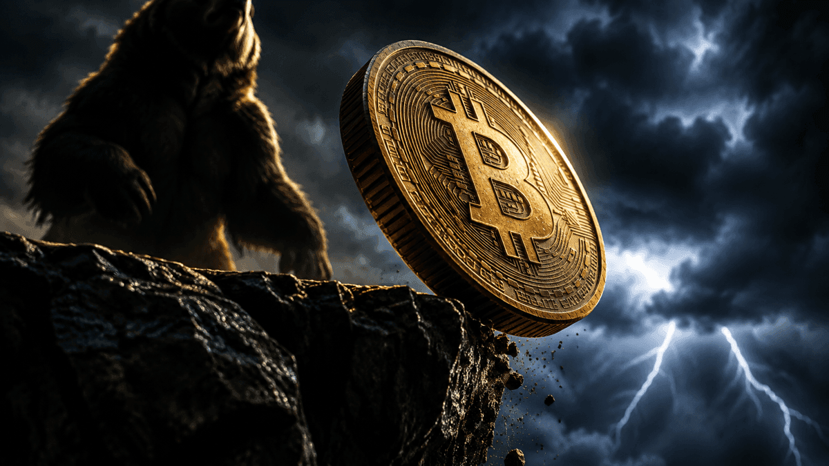 Goldene Münze mit eingeprägtem Bitcoin-Zeichen kippt über die Kante einer Felsklippe, dahinter ein Bär und eine Gewitterfront mit Blitzen