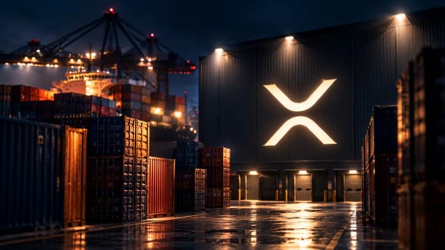 Naechtliches Frachtterminal mit gestapelten Containern, in der Stirnwand der Lagerhalle leuchtet das XRP-Zeichen als grosses Intarsienfeld