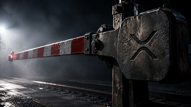 Schwere stählerne Bahnschranke bei Nacht über einem nassen Gleisübergang, in das Gegengewicht ist das XRP-Zeichen als tiefe Gravur eingelassen