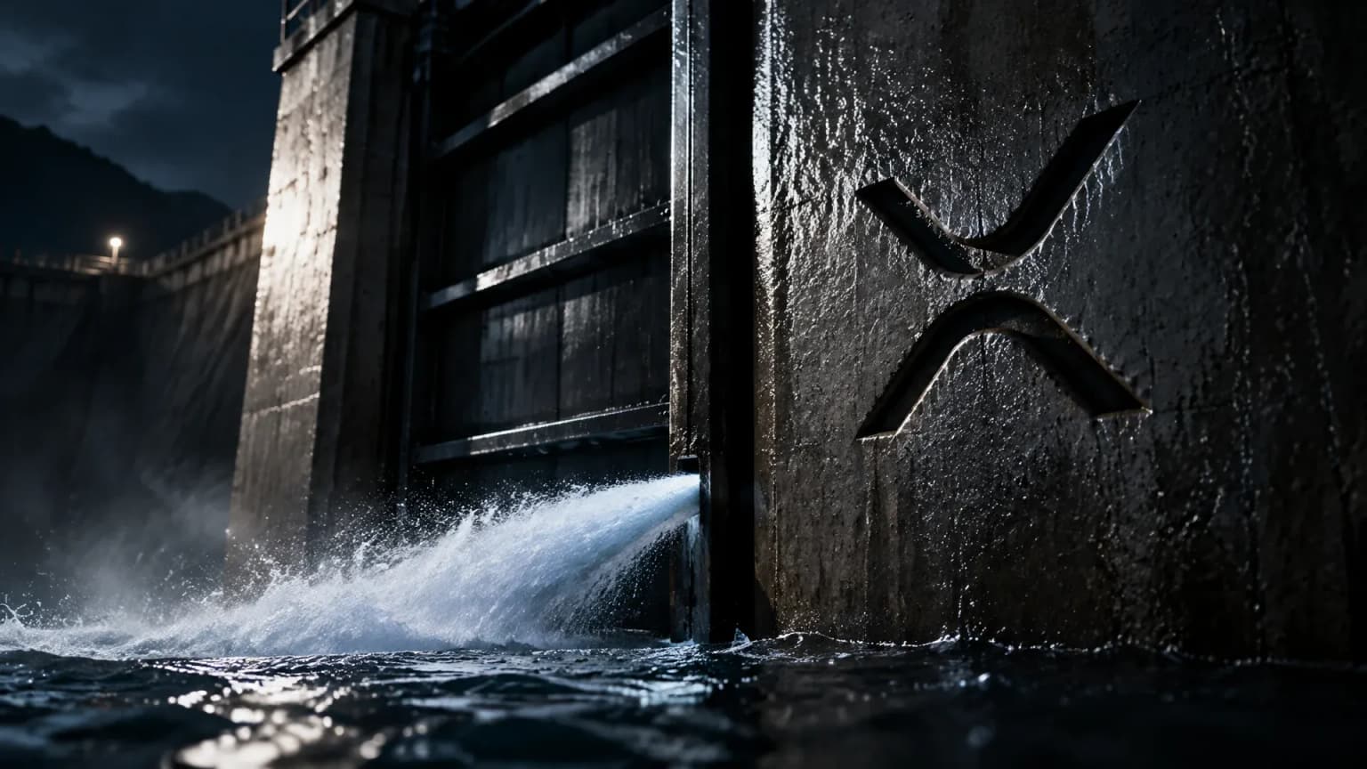 Schleusentor einer nächtlichen Talsperre, aus einem Spalt am Fuß tritt ein gebündelter Wasserstrahl, in der Betonwand das XRP-Zeichen als Relief