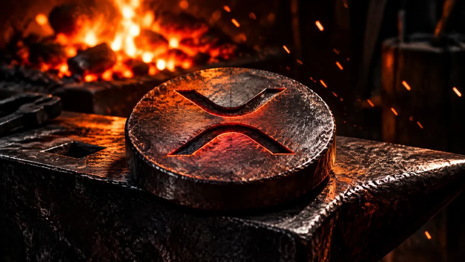 Glühende Esse einer nächtlichen Schmiede, auf dem Amboss davor eine dicke Metallscheibe mit tief eingeschlagenem XRP-Zeichen, Funken stehen in der Luft