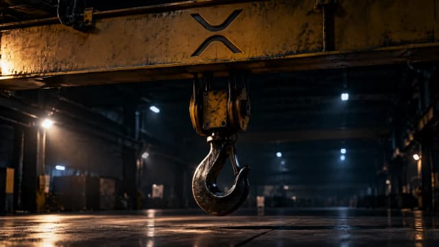 Leerer Lastenkran in einer nächtlichen Montagehalle, der schwere Stahlhaken hängt unbeladen über dem Betonboden, in die stählerne Kranbrücke darüber ist das XRP-Zeichen als tiefe Gravur eingelassen