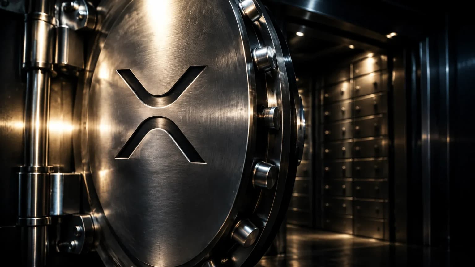 Schwere offene Panzertür eines Banktresors aus poliertem Stahl bei Nacht, in die Stahlfläche ist das XRP-Zeichen als tiefe Gravur eingelassen, dahinter Reihen geschlossener Stahlfächer im Halbdunkel
