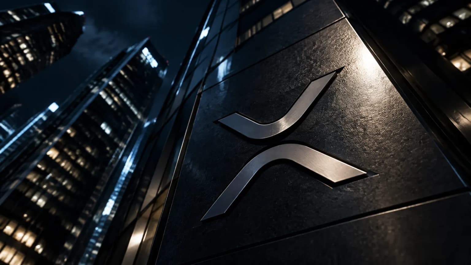 Naechtliche Hochhausschlucht aus Glas und Stahl von unten gesehen, an einer dunklen Steinfassade ein eingelassenes Metallrelief mit dem XRP-Zeichen