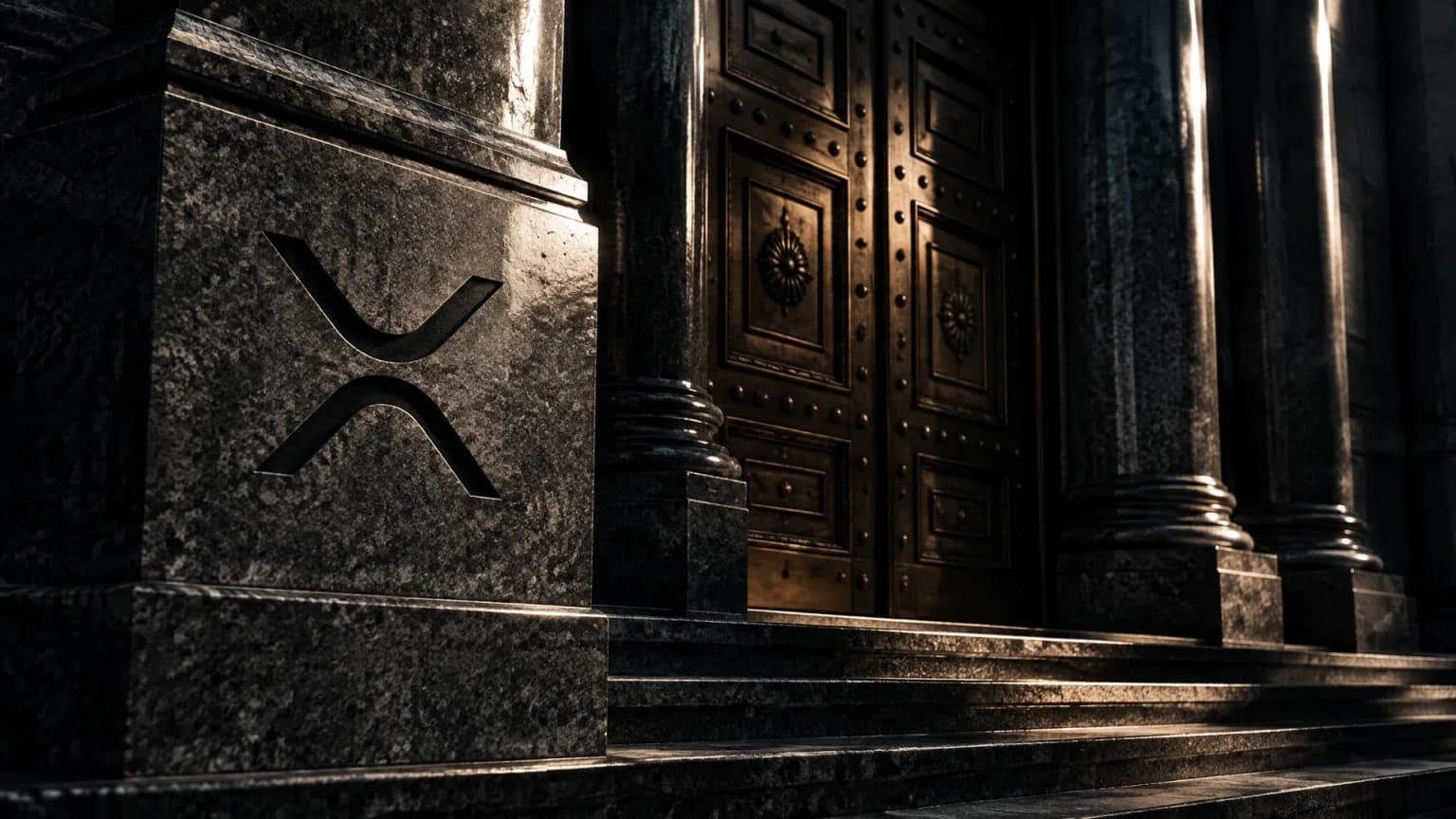Portal de columnas de un edificio de banco central en granito oscuro de noche, con las puertas de bronce cerradas y el signo XRP incrustado en profundidad en el bloque de granito pulido a la izquierda de la entrada