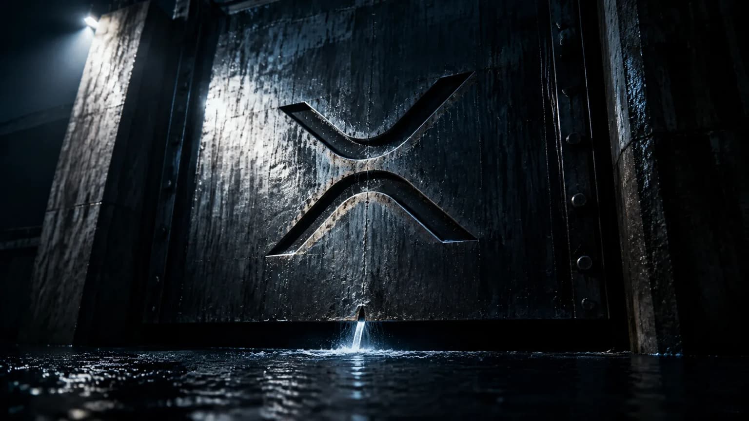 Fast geschlossenes stählernes Schleusentor eines Stausees bei Nacht mit dem XRP-Zeichen im Türblatt, aus dem Spalt tritt nur ein dünner Wasserstrahl