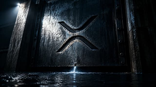 Fast geschlossenes stählernes Schleusentor eines Stausees bei Nacht mit dem XRP-Zeichen im Türblatt, aus dem Spalt tritt nur ein dünner Wasserstrahl