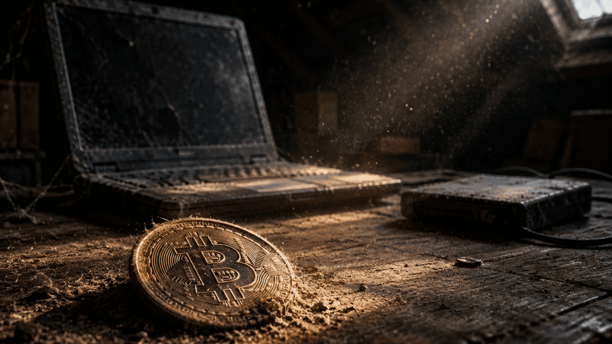 Verstaubter alter Laptop und externe Festplatte auf einem Holzschreibtisch in einem dunklen Dachboden, davor eine Goldmünze mit Bitcoin-Zeichen im Staub