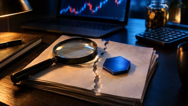 Torn document, magnifying glass and a blue hexagonal token under a desk lamp