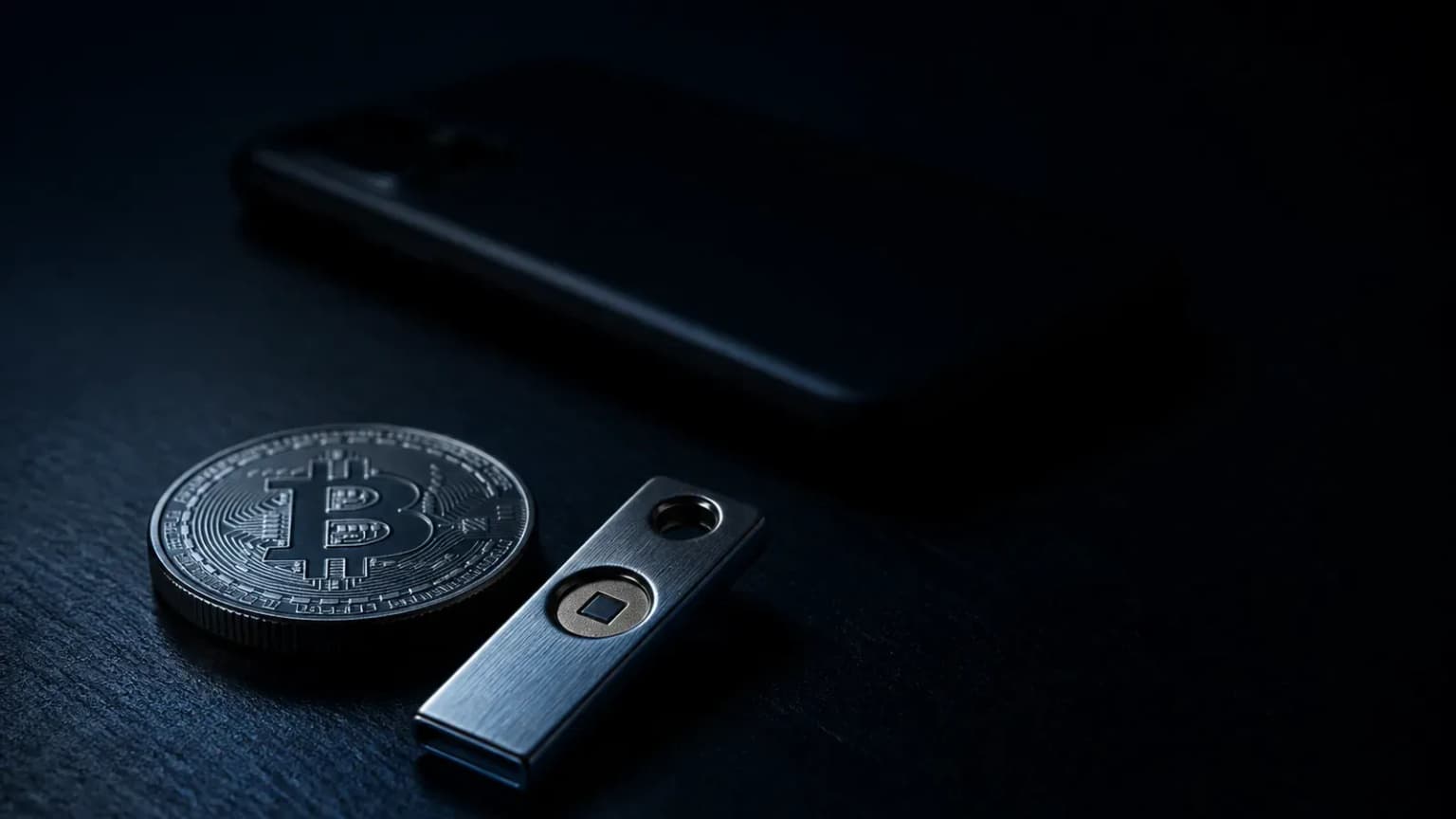 Sicherheitsschlüssel und Bitcoin-Münze im Licht, dahinter ein Telefon im Dunkeln – Sinnbild für Zwei-Faktor-Authentifizierung bei der Krypto-Börse